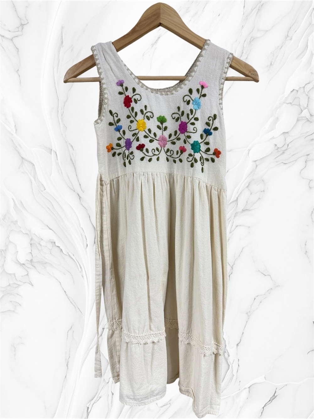 Girls Mexican Cream Sleeveless Dress with Colorful Floral Embroidery sz 7-8
